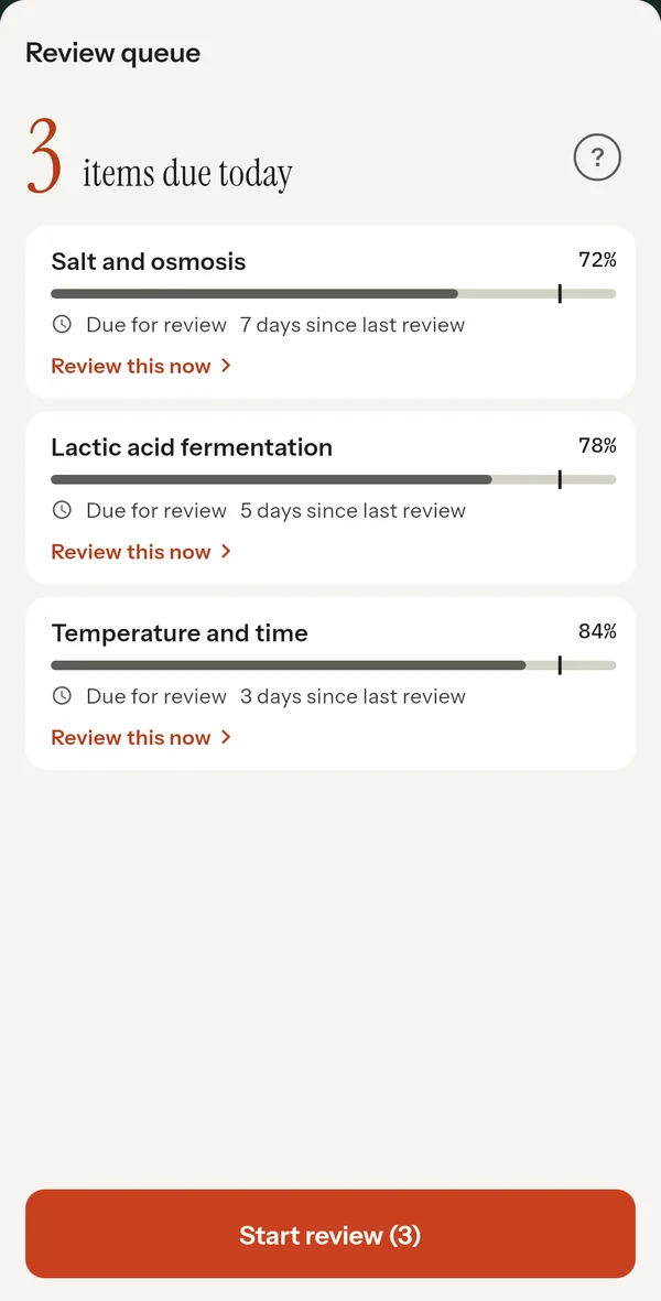 Review queue with fermentation concepts due for practice.